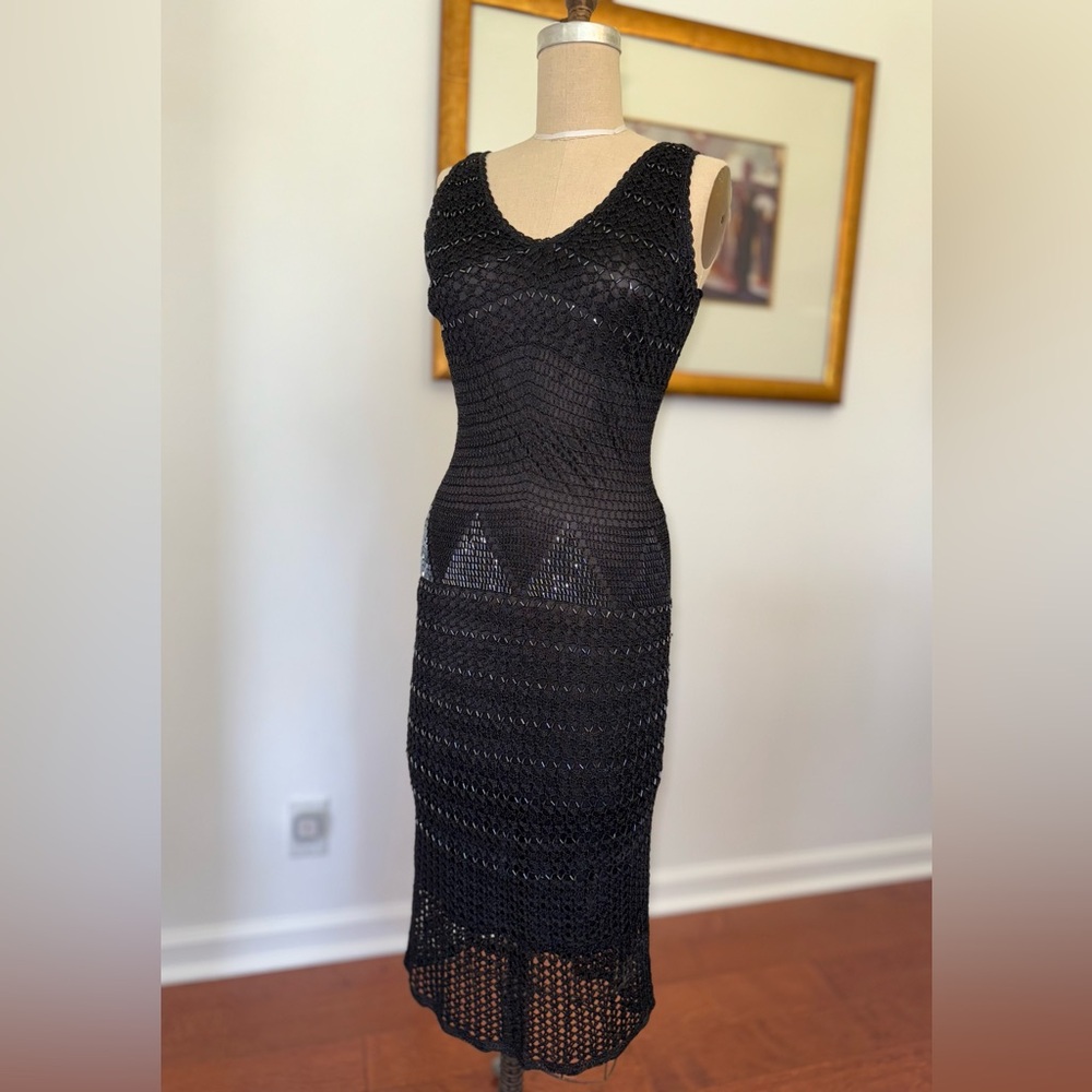 🔥🔥 STUNNING🔥🔥 NEW Sexy BASIX Elegant Black Beaded Sleeveless V-Neck Midi Dress M